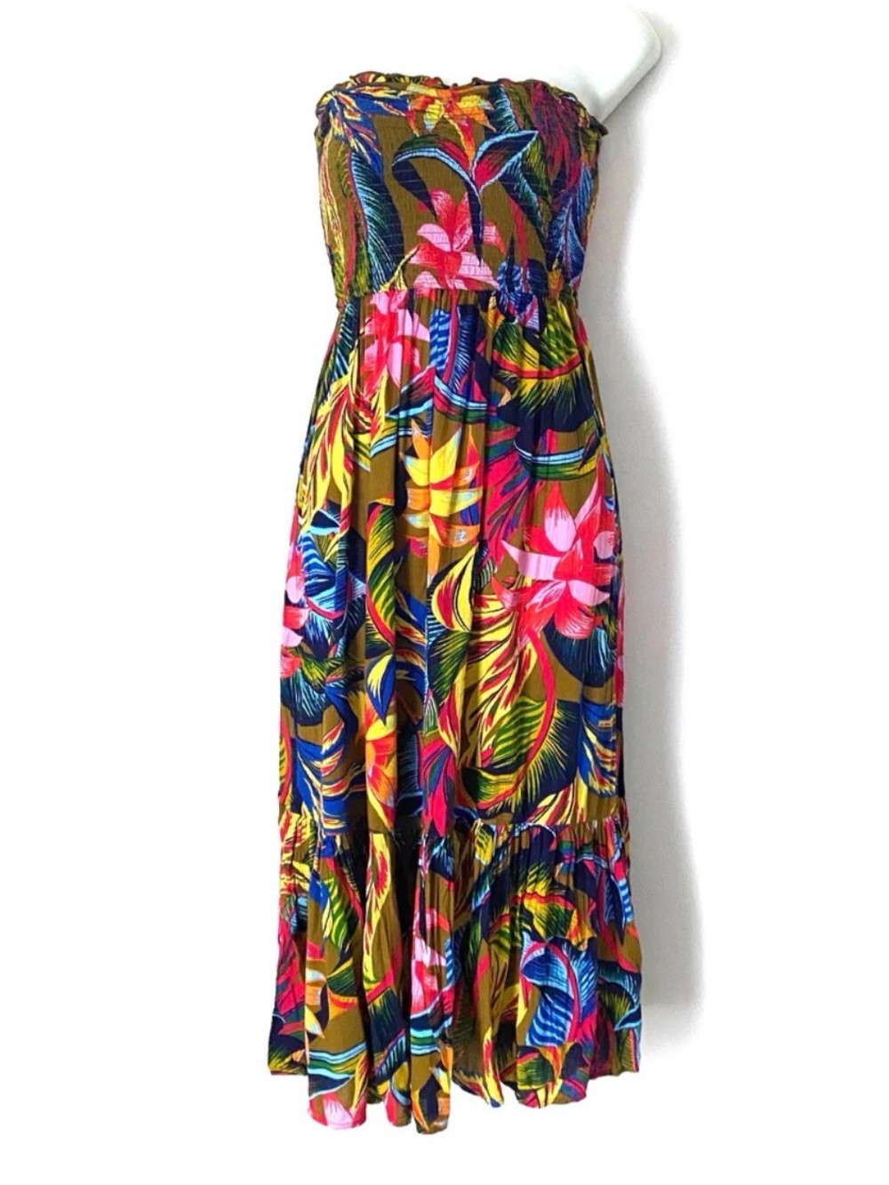 Aerie Tropical Floral Smocked Tiered Strapless Midi Dress Size Large